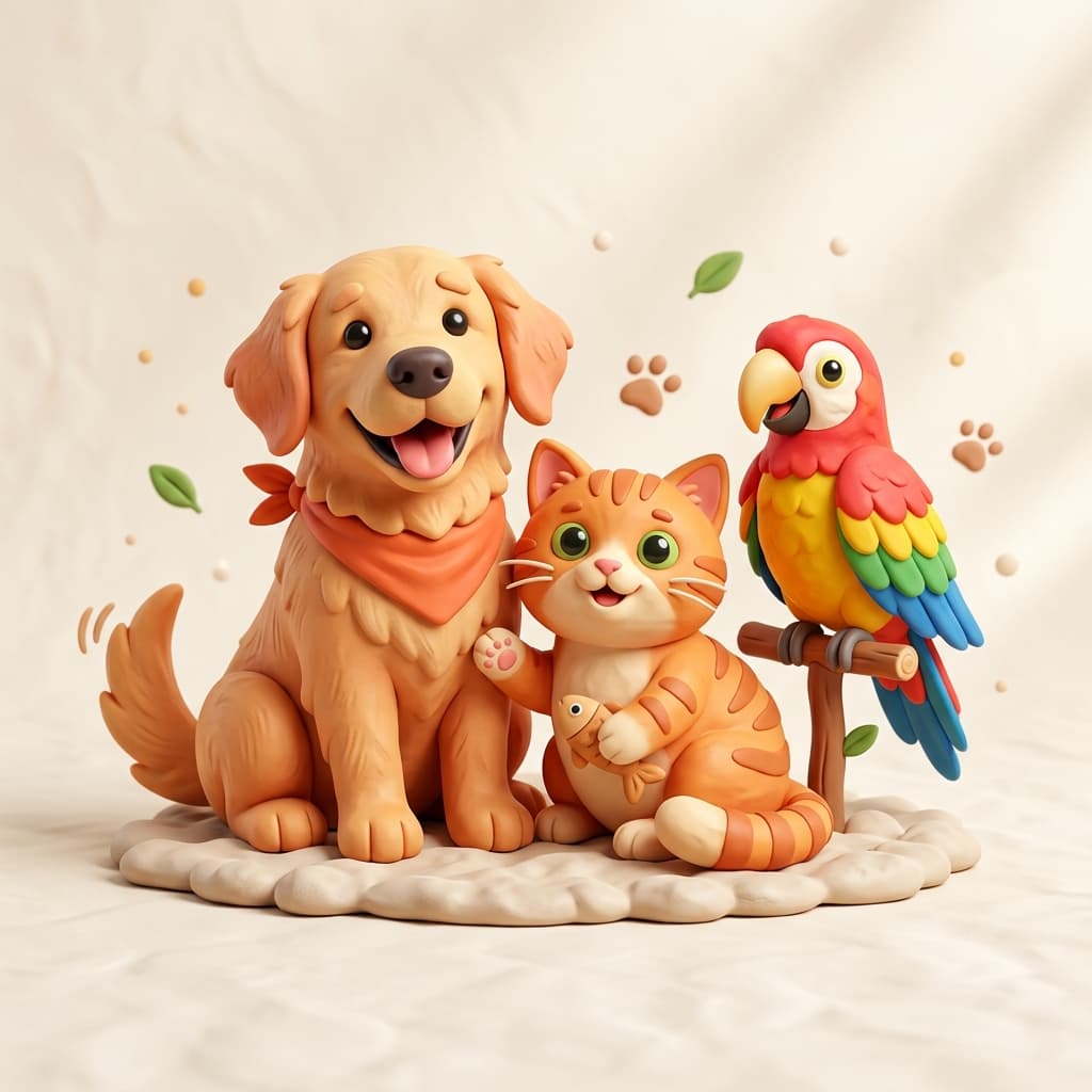 Mascotas felices — perro, gato y ave de estilo clay